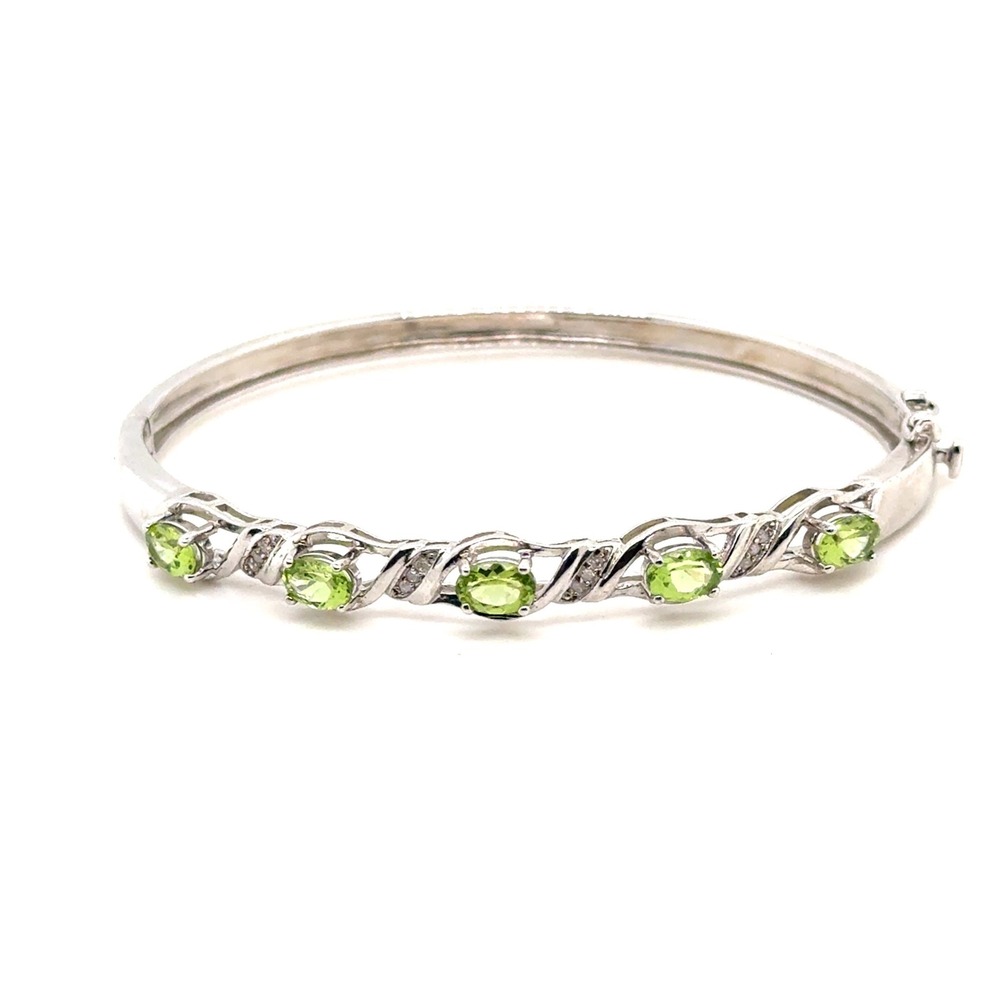 Sterling Silver Peridot Diamond Infinity Wave Bangle Bracelet 7 Inch 11.7g